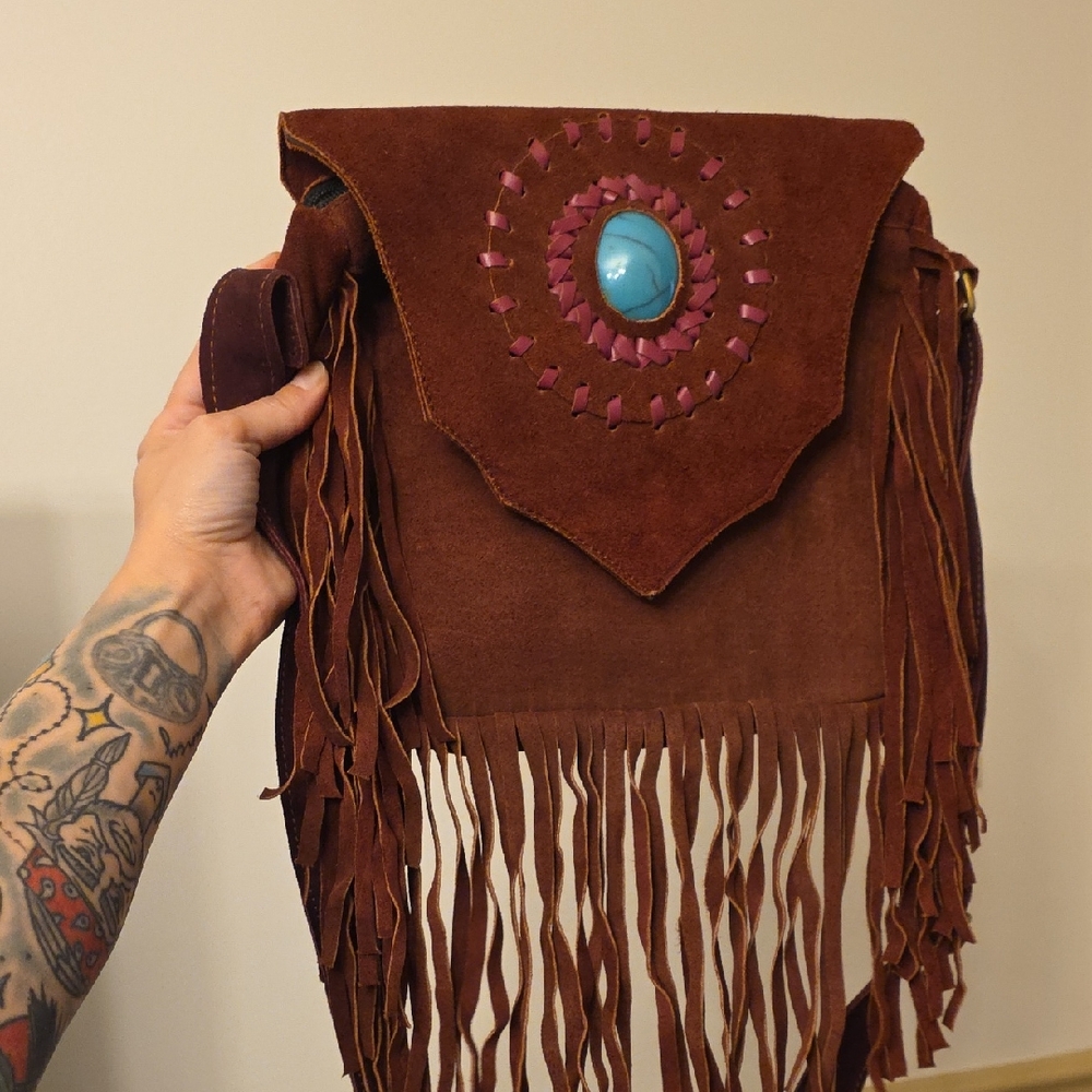 Warm Brown Fringe Leather Bag with Turquoise Accent